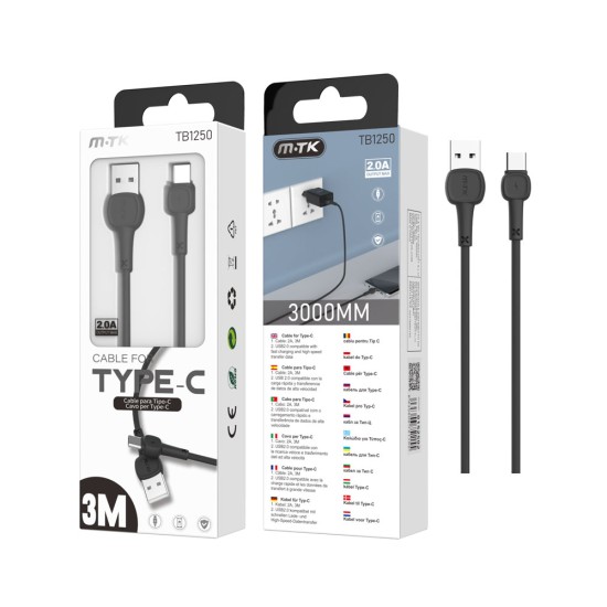 CABLE DE DATOS MTK TB1250 NE PARA TIPO C 2,4A 3M PRETO CABLE DE DATOS MTK TB1250 NE PARA TIPO C 2,4A 3M PRETO